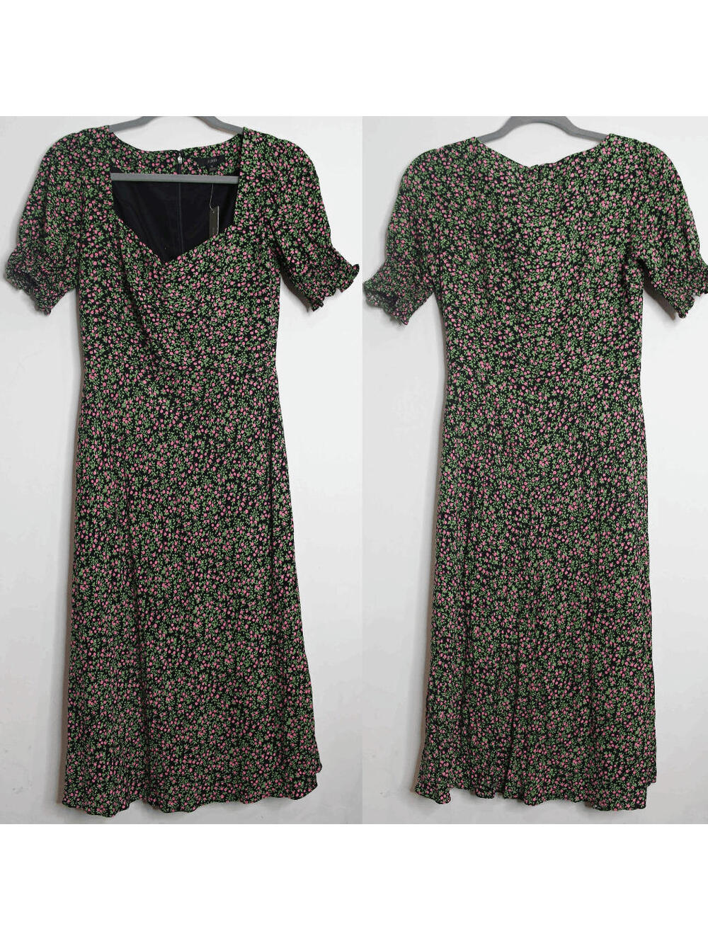 NWT J. Crew Black Pink Floral Sweetheart Cut Short Sleeve Midi Dress - 0
